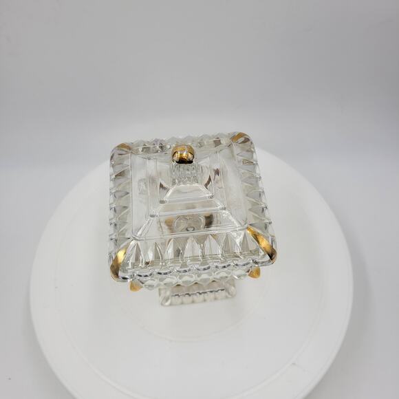 Vintage Jeannette Clear Glass Covered Pedestal Candy Dish 6" with Gold Trim USA - Picture 10 of 11